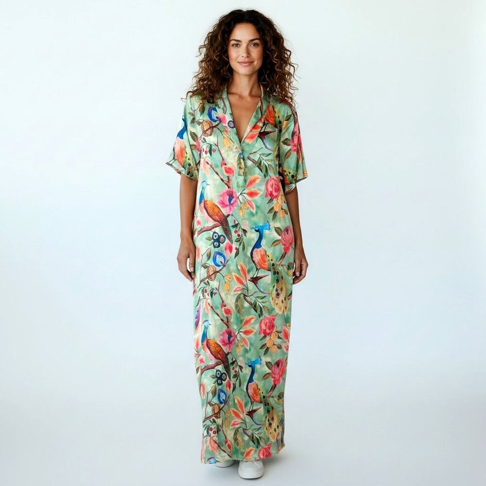 Vintage Peacock Maxi Dress M Silky Floral Bird Print Button Front Boho